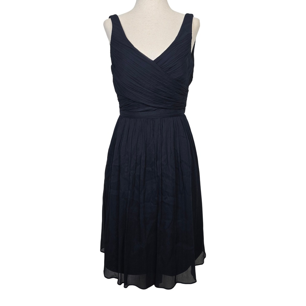 J.Crew Navy Blue 100% Silk Ruched V-Neck Sleeveless A-Line Dress Size 2